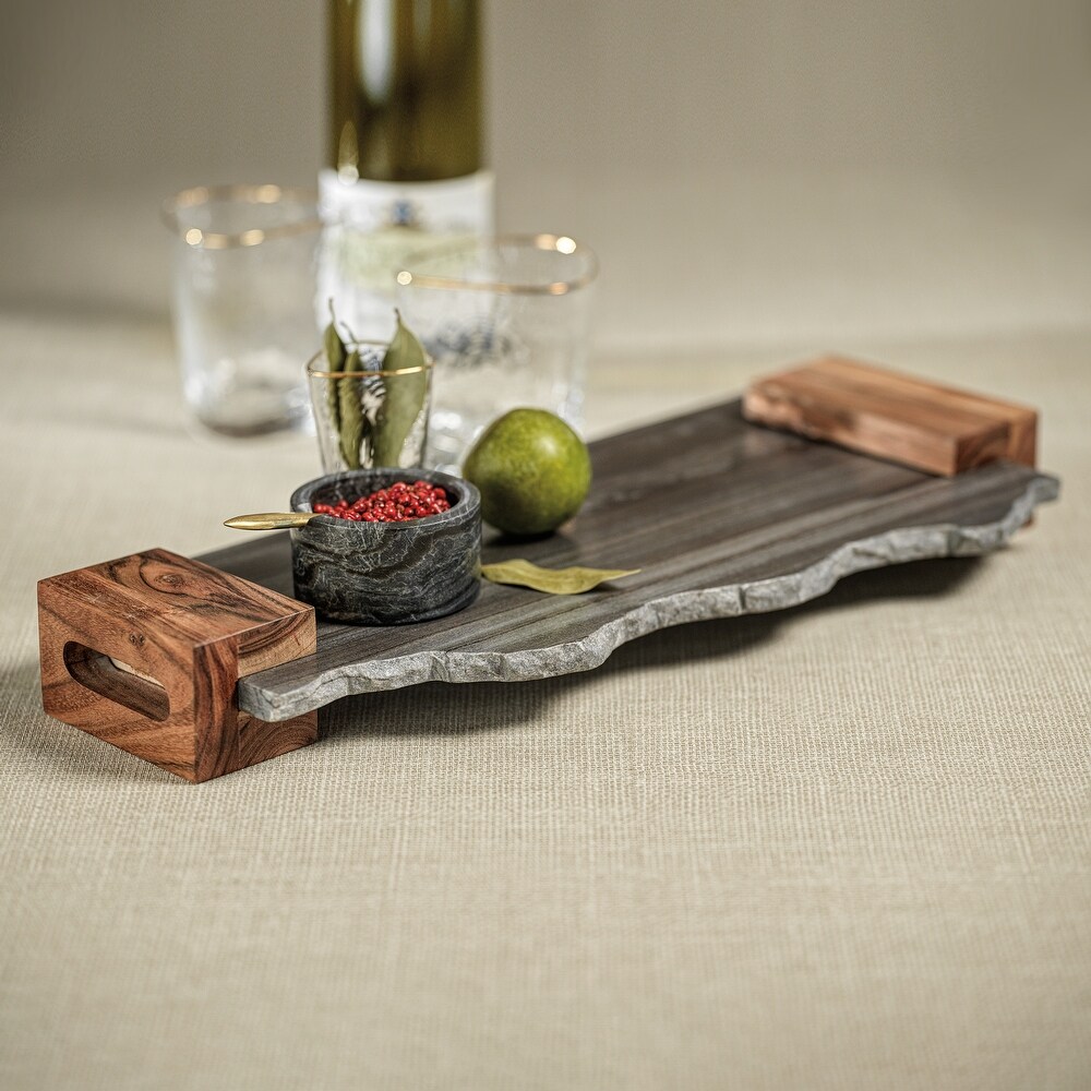 Catania Gray Marble Tray with Wood Handles