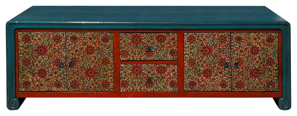 Chinese Tibetan Teal Blue Orange Floral Graphic Low TV Console Table Hcs7609   Asian   Entertainment Centers And Tv Stands   by Golden Lotus Antiques  Houzz