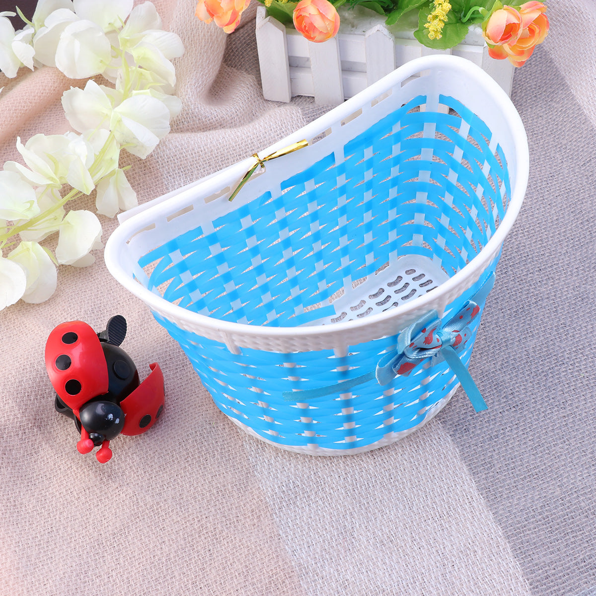 HEMOTON Bicycle Scooter Basket Children Bike Basket Plastic Knitted Bow Knot Front Handmade Bag