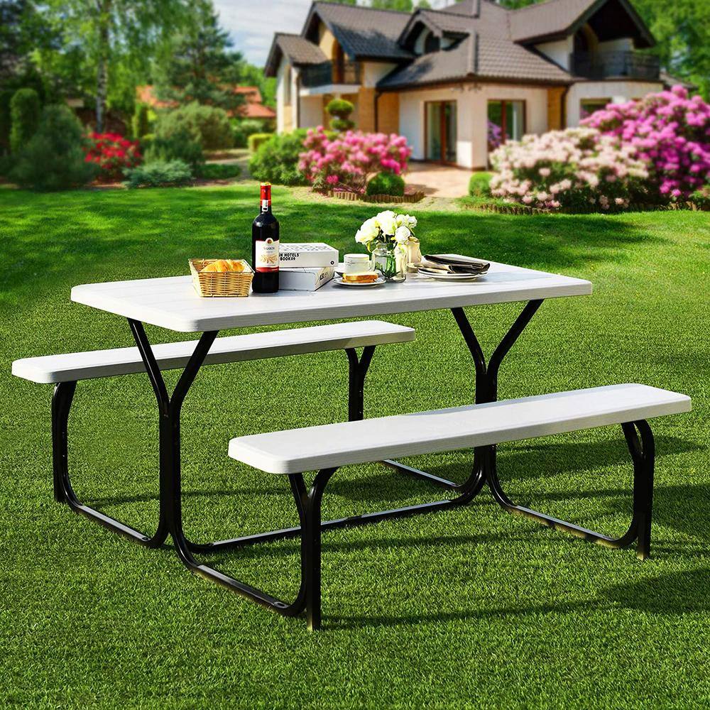 SUGIFT White Folding Steel Outdoor Patio Picnic Table with 2 Bench SGFT88347