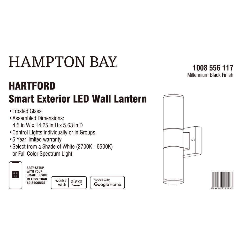 Hampton Bay Hartford Millennium Black Outdoor Hardwired Cylinder LED Smart Wall Light Powered by Hubspace KIF1602LX-01BK