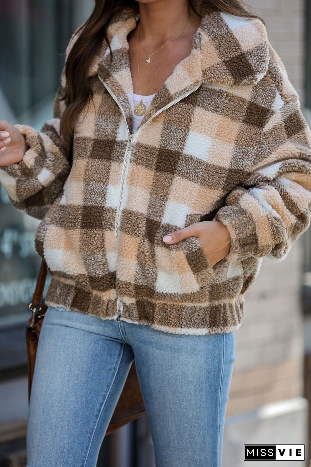 Brown Plaid Print Sherpa Jacket Coat