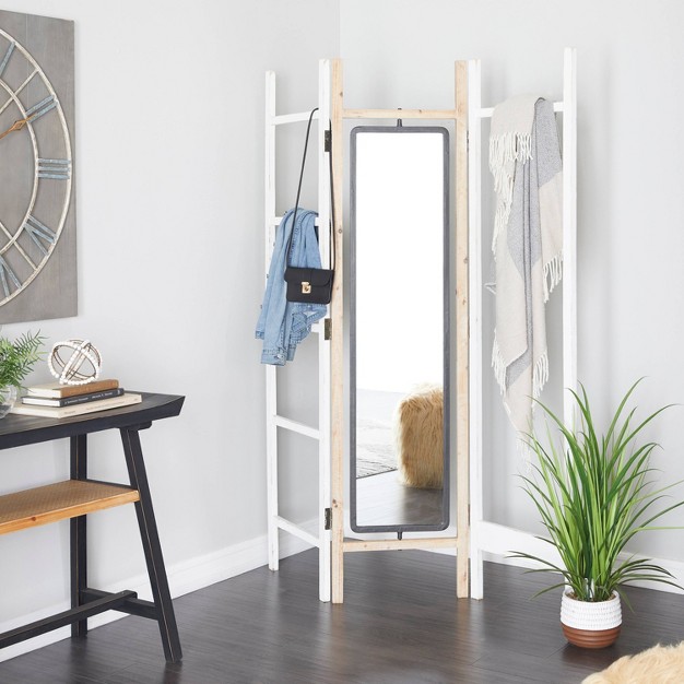 Eclectic Wood Room Divider Screen With Mirror White Novogratz