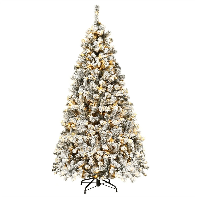 6/7.5/9FT Pre-Lit Hinged Artificial Christmas Tree, Premium PVC Snow Flocked Pine Tree with Metal Stand