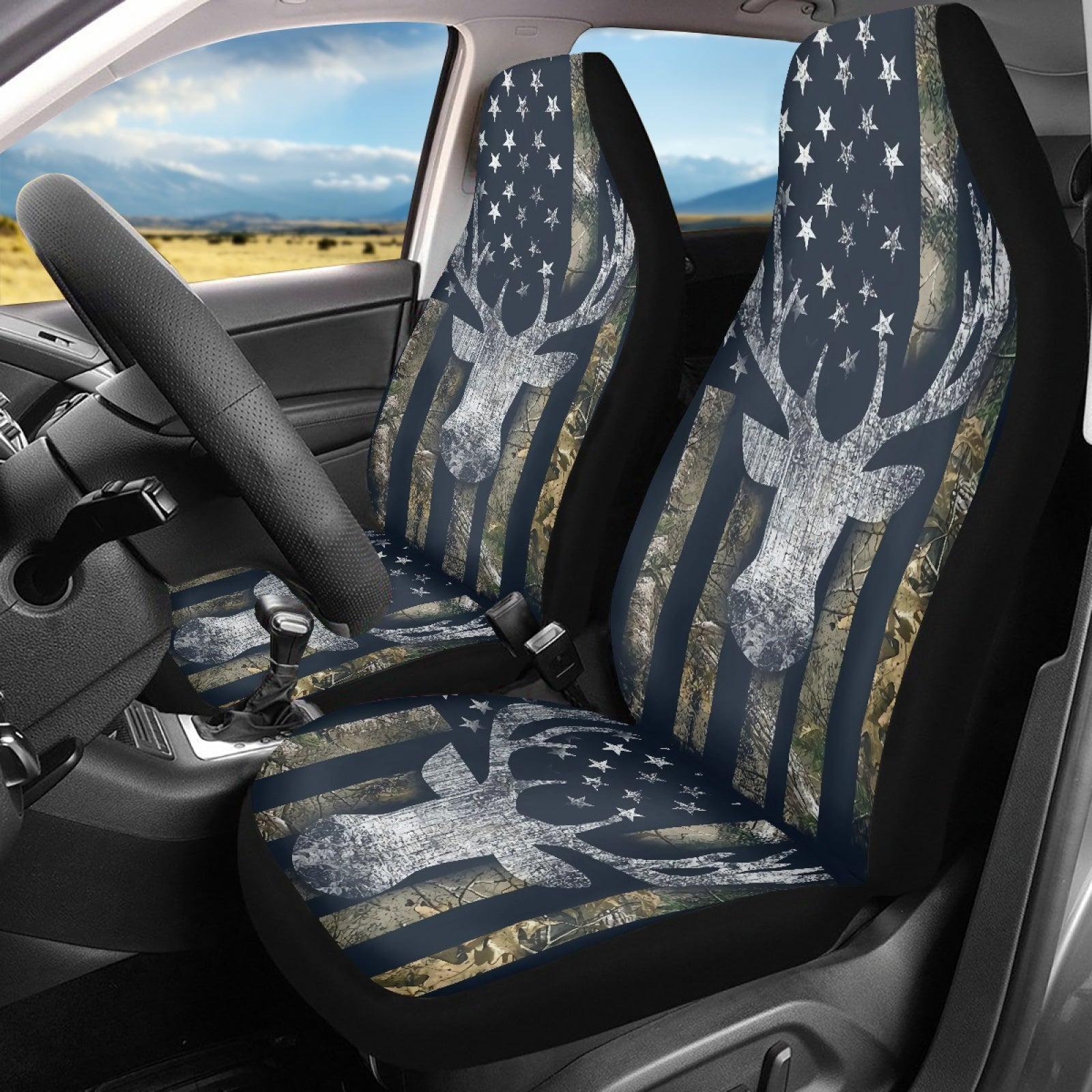 Xoenoiee 2 Piece Car Seat Cover For Women Men， Deer Antler US Flag Camo Print Automotive Seat Covers Front Seats Only， Universal Fit Bucket Car Front Seat Protector Covers