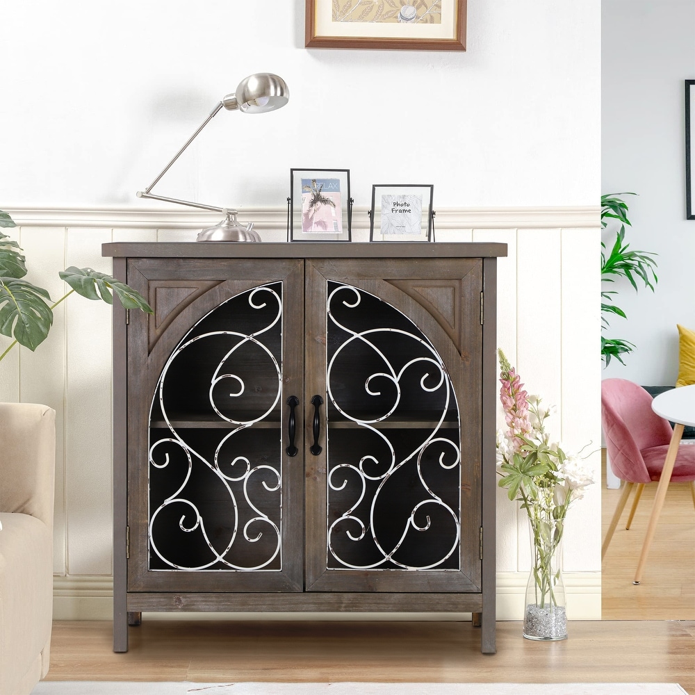 Vintage Wire Hollowed Window Accent Storage Cabinet with 2 Doors