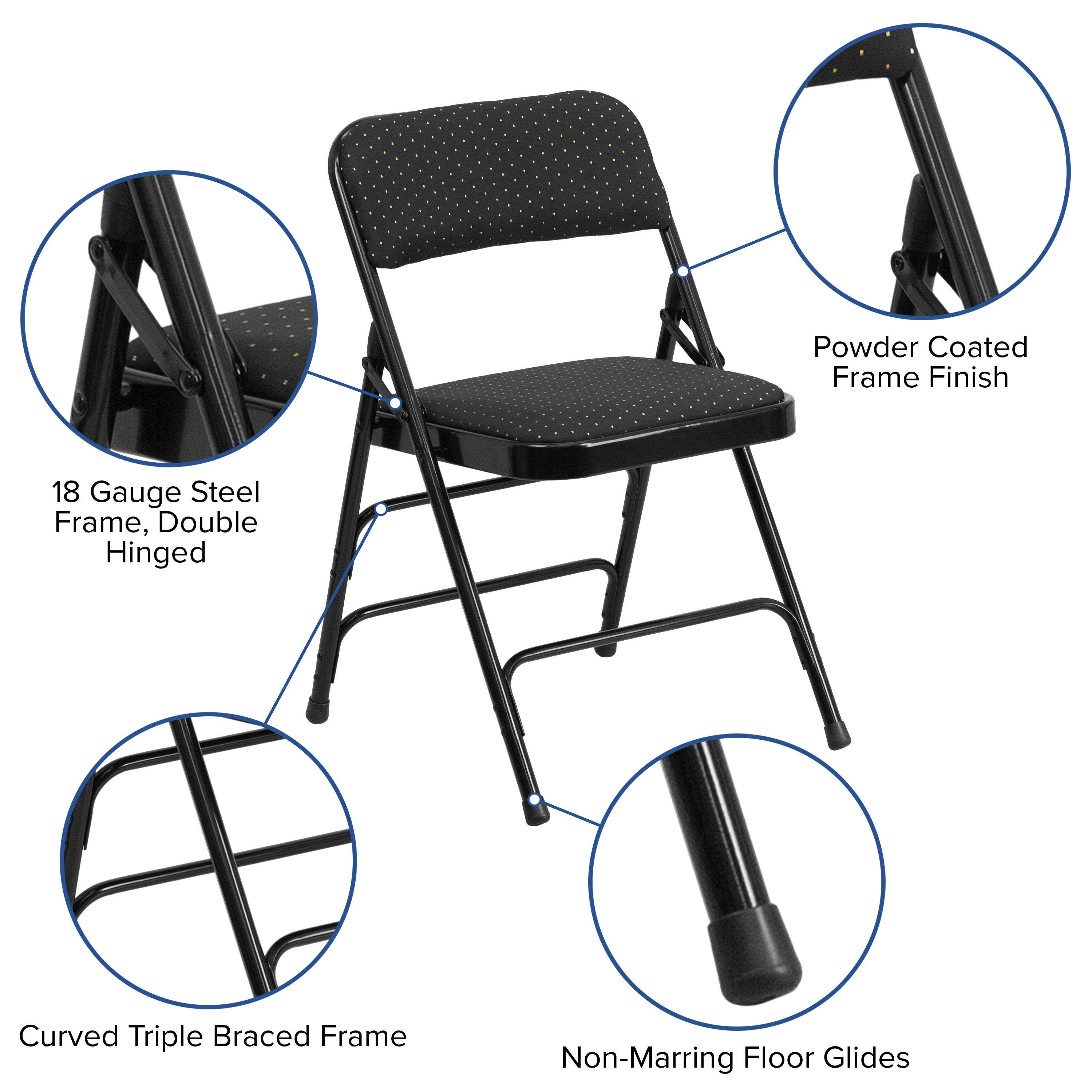 BizChair 4 Pack Curved Triple Braced & Double Hinged Black Patterned Fabric Metal Folding Chair