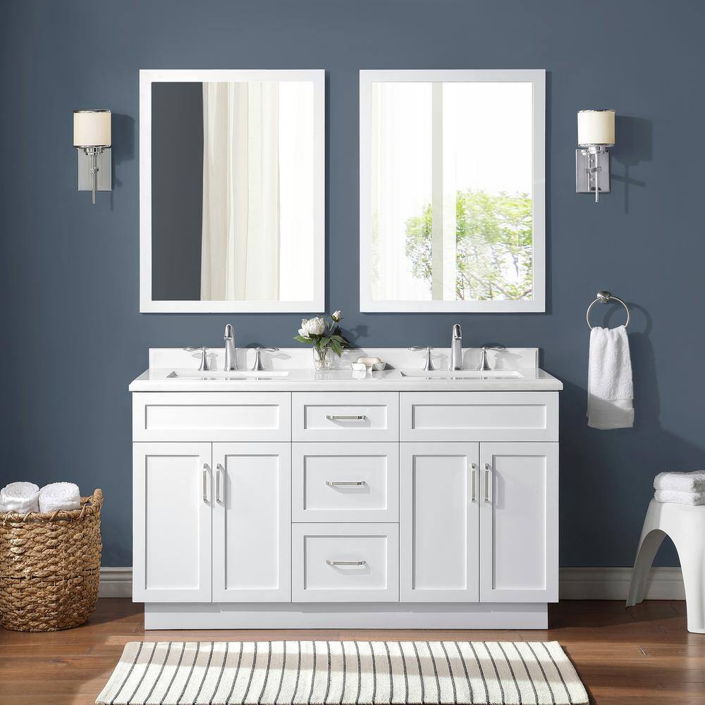 Home Decorators Collection Lincoln 60 in. W x 22 in. D x 34.5 in. H Bath Vanity in White with White Cultured Marble Top Lincoln 60W