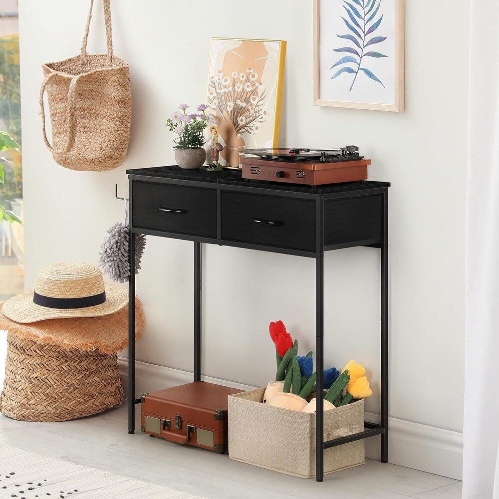 Narrow Modern Sofa Table with Hooks and Fabric Drawers Console Table