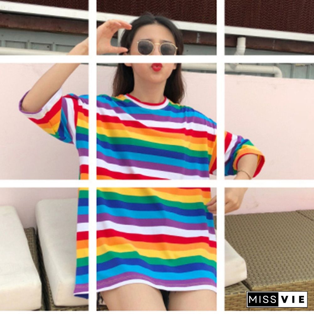 T Shirt Women Rainbow Striped Tops Harajuku Tshirt Summer Short Sleeve T-shirt Camiseta Feminina