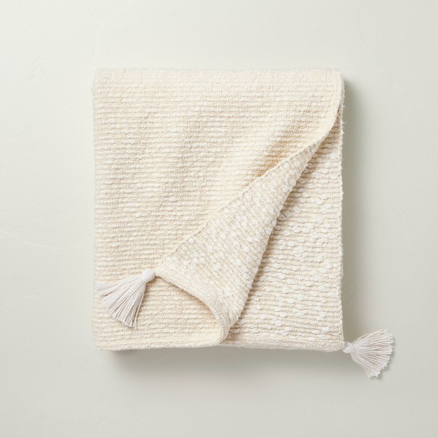 Textured Knit Throw Blanket With Corner Tassels Cream natural With Magnolia