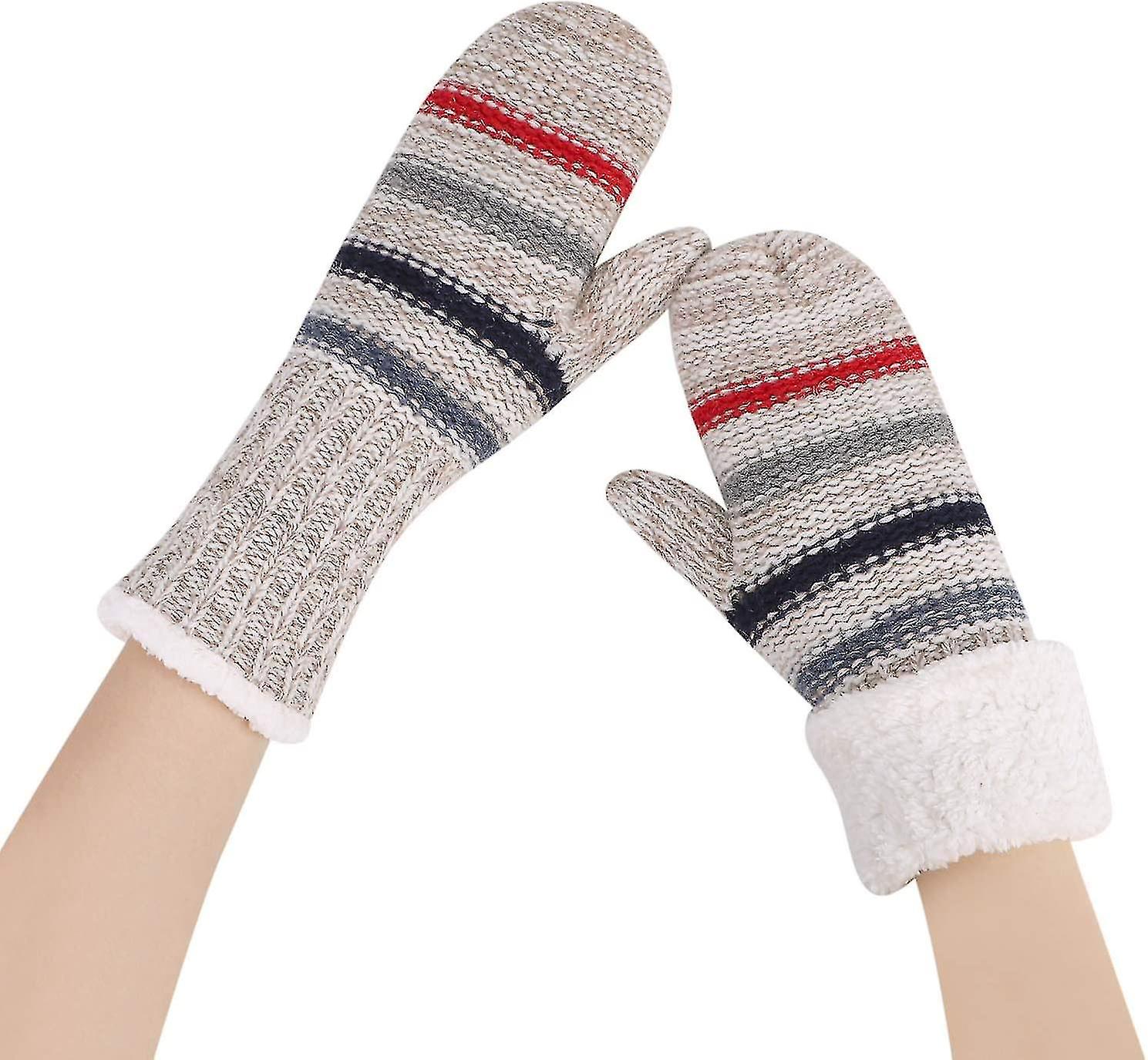 Women Winter Knitted Gloves Fleece Lined Knit Gloves Women Full Fingers Thickening Winter Warm Mittens Knit Mittens Stripe Design Knitted Mittens Ther