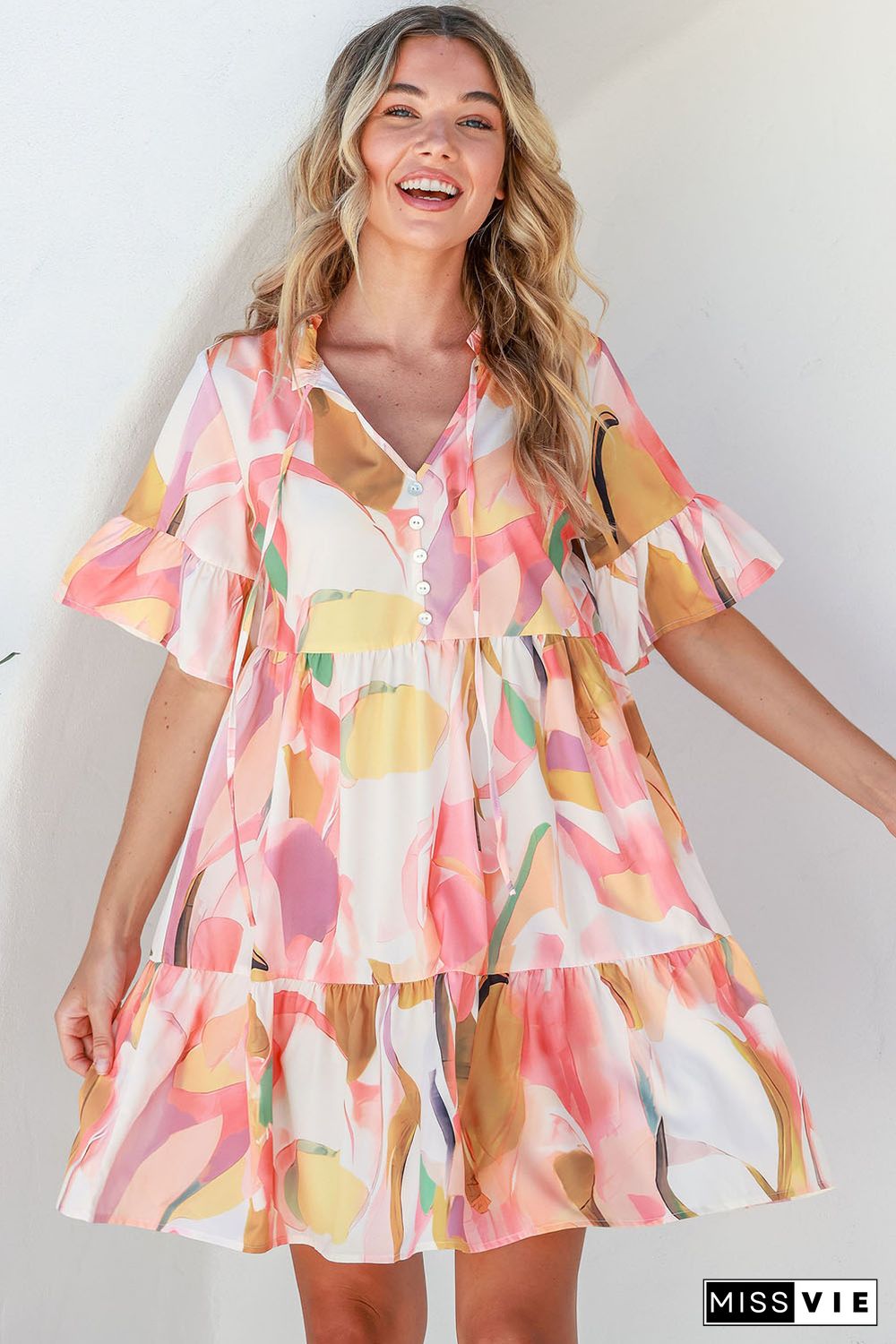 Pink Geometric Print Ruffled Short Sleeve Tied V-Neck Mini Dress