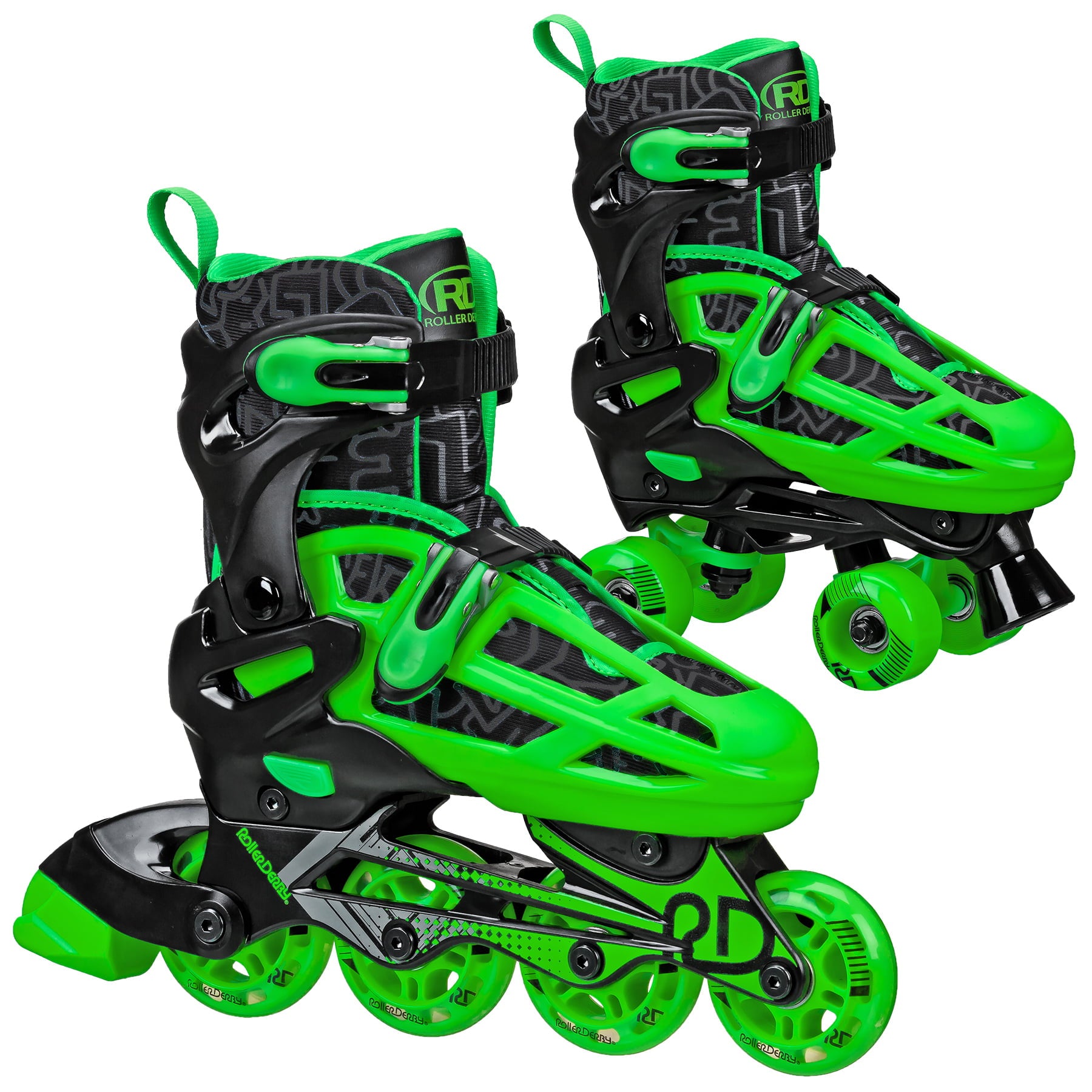 Roller Derby Boys 2-in-1 Roller/Inline Skates Black/Green, Size 3-6