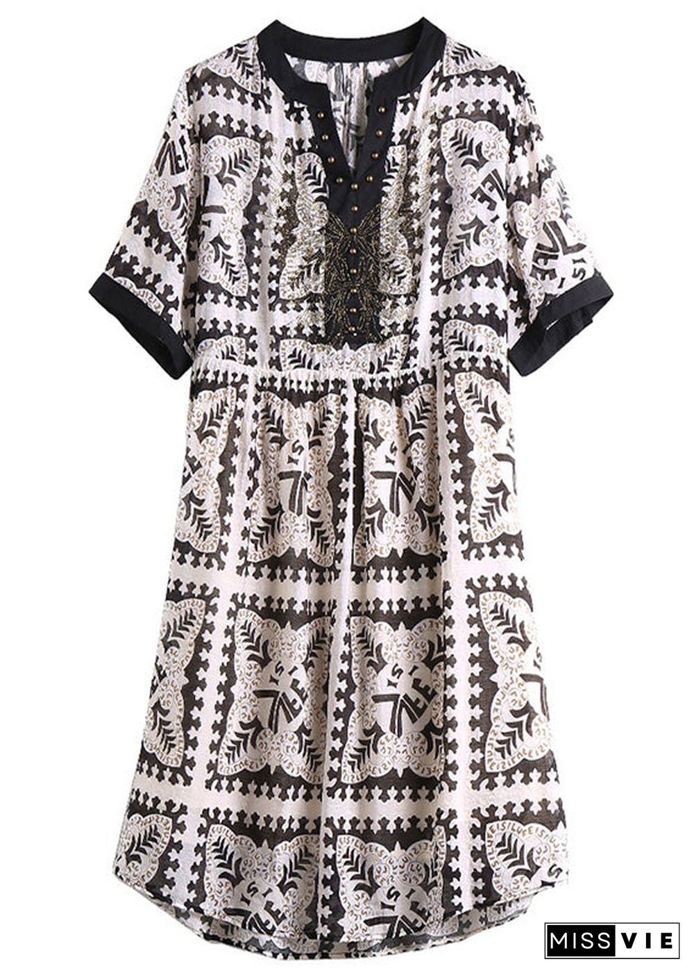 Modern Black V Neck Print Button Vacation Mid Dresses Short Sleeve