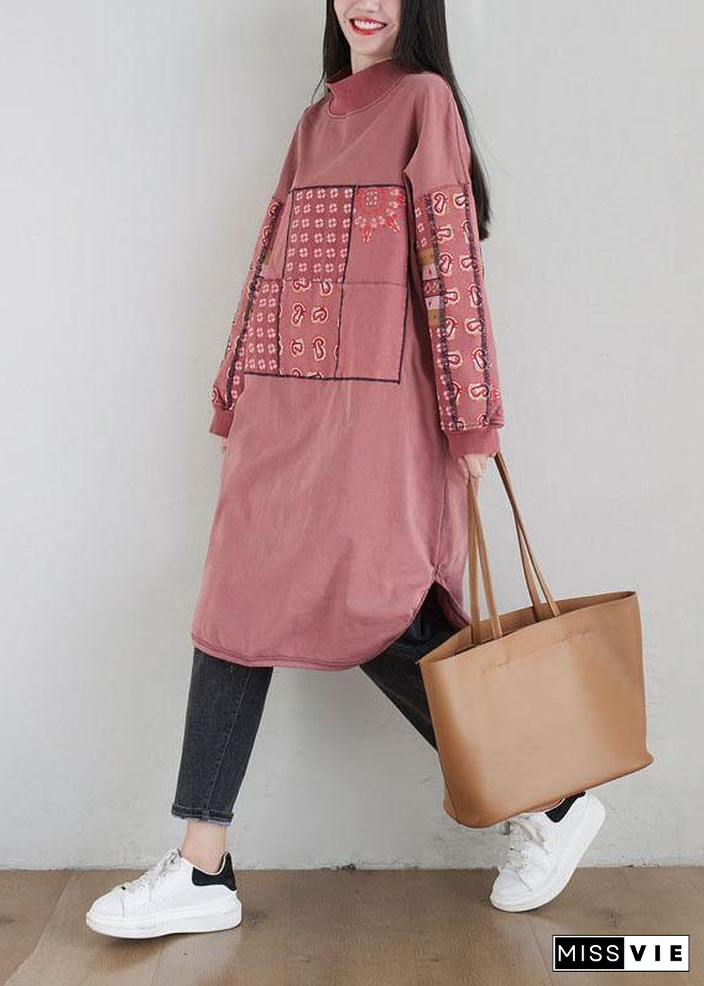 New Pink Patchwork Side Open Fall Dress Sweatshirts