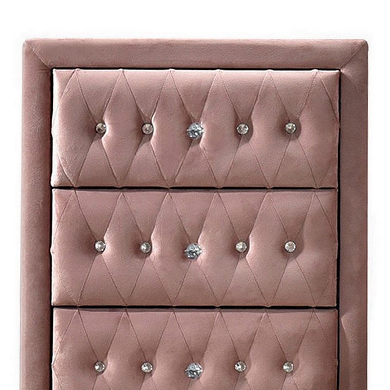 Rex 38 Inch Tall Upholstered Dresser Chest， 4 Drawer， Crystal Handles， Pink