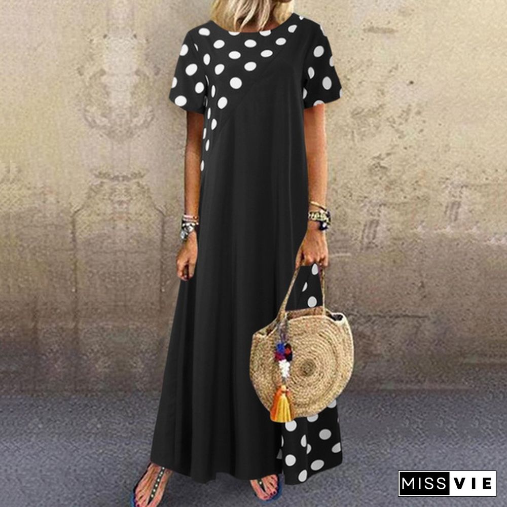 Summer Women Polka Dot Maxi Dress Robe Short Sleeve Round Neck Patchwork Party Casual Loose Long Dress Plus Size Tunic