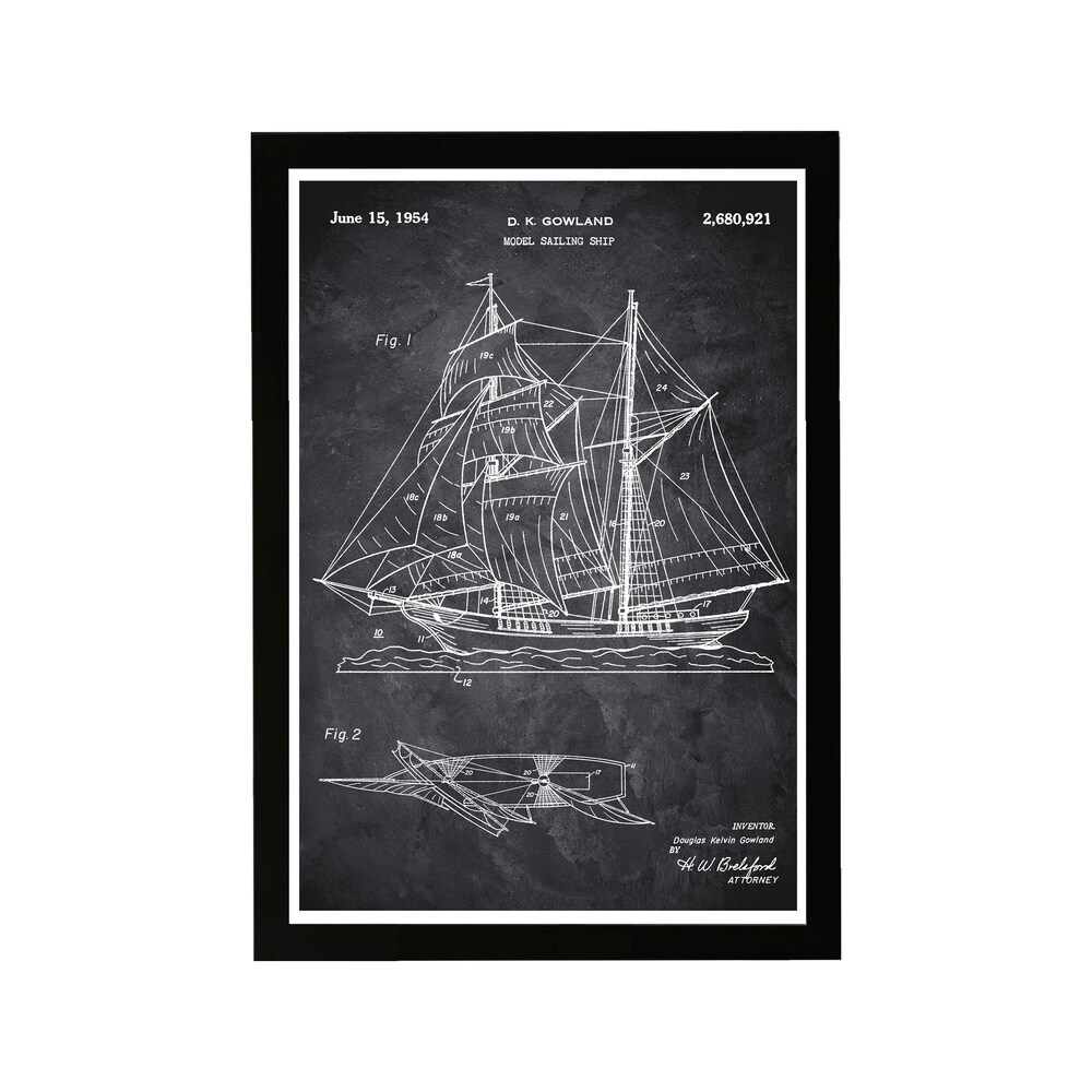 Wynwood Studio Nautical and Coastal Framed Wall Art Prints 'Model Sailing Ship 1954 ' Nautical Watercrafts   Black  White