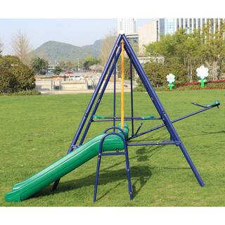 Metal Outdoor Swing Set with 2 Swing Seats 1 Glider 1 Slide and 1 Teeter-Totter LN20232363