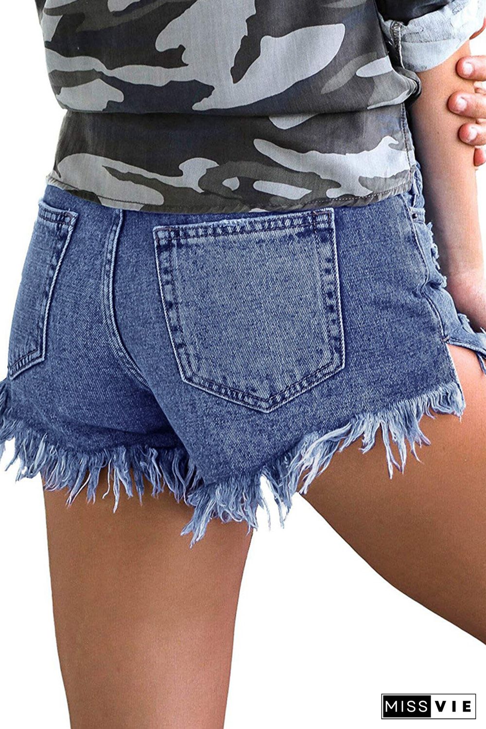 Blue Ripped Tasseled Hem Denim Shorts