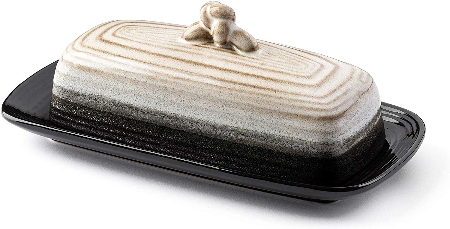 Ceramic Butter Dish w Handle Midnight Cover and Plate 2-Piece Combo Dark， Contemporary Kitchen Dcor Decorative， Modern Design for Kitchen， Dining Room