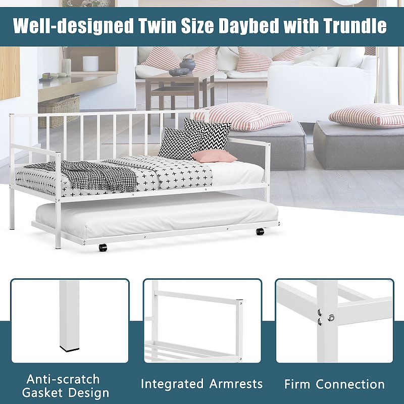 Twin Daybed Set with Metal Slat Support and Roll-Out Trundle