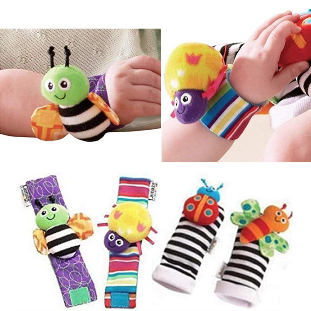 Coolmade Infant and Baby Puzzle Lovely Socks And Wrist Strap Toy Cartoon Animal Shaped Wrist Rattles Foot Socks Toys 4 pcs