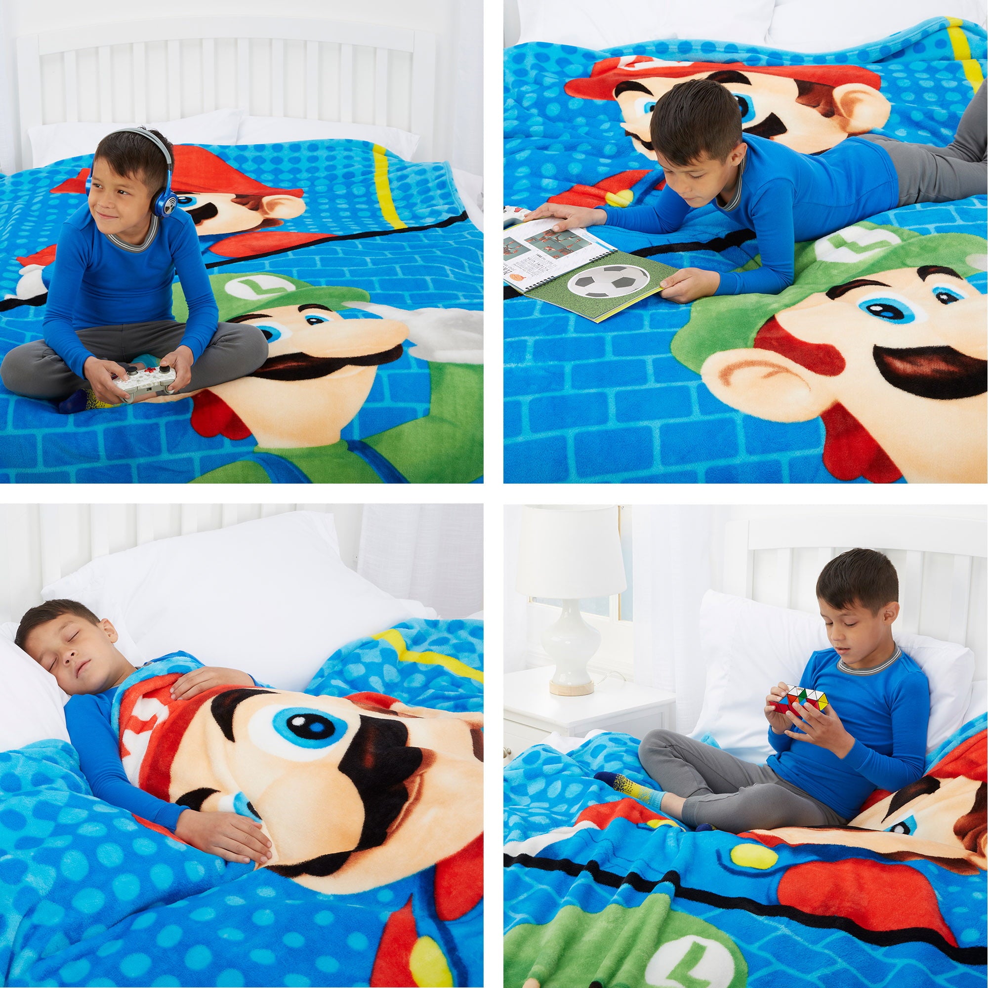 Super Mario Kids Plush Twin/Full Blanket， 62 x 90， Blue， 