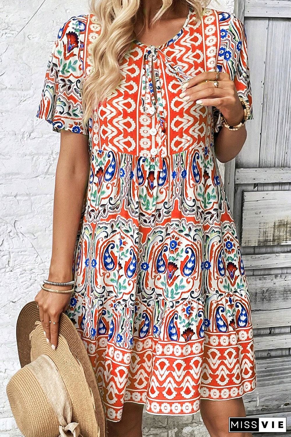 Bohemian Print Tie Neck Ruffle Hem Short Dress