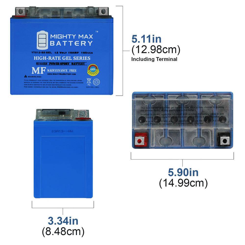 MIGHTY MAX BATTERY 12-Volt 10 Ah 180 CCA GEL Rechargeable Sealed Lead Acid (SLA) Powersport Battery YTX12-BSGEL