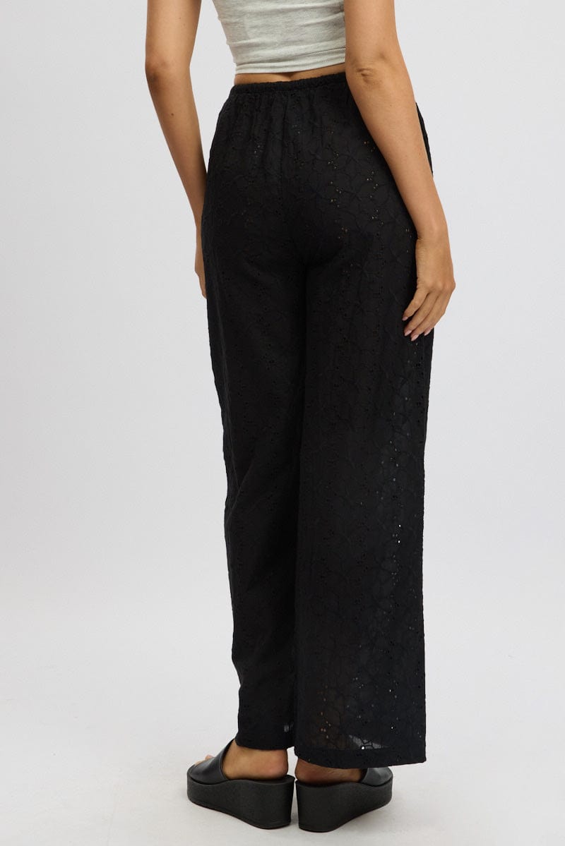 Black Wide Leg Pants High Rise Eyelet Fabric