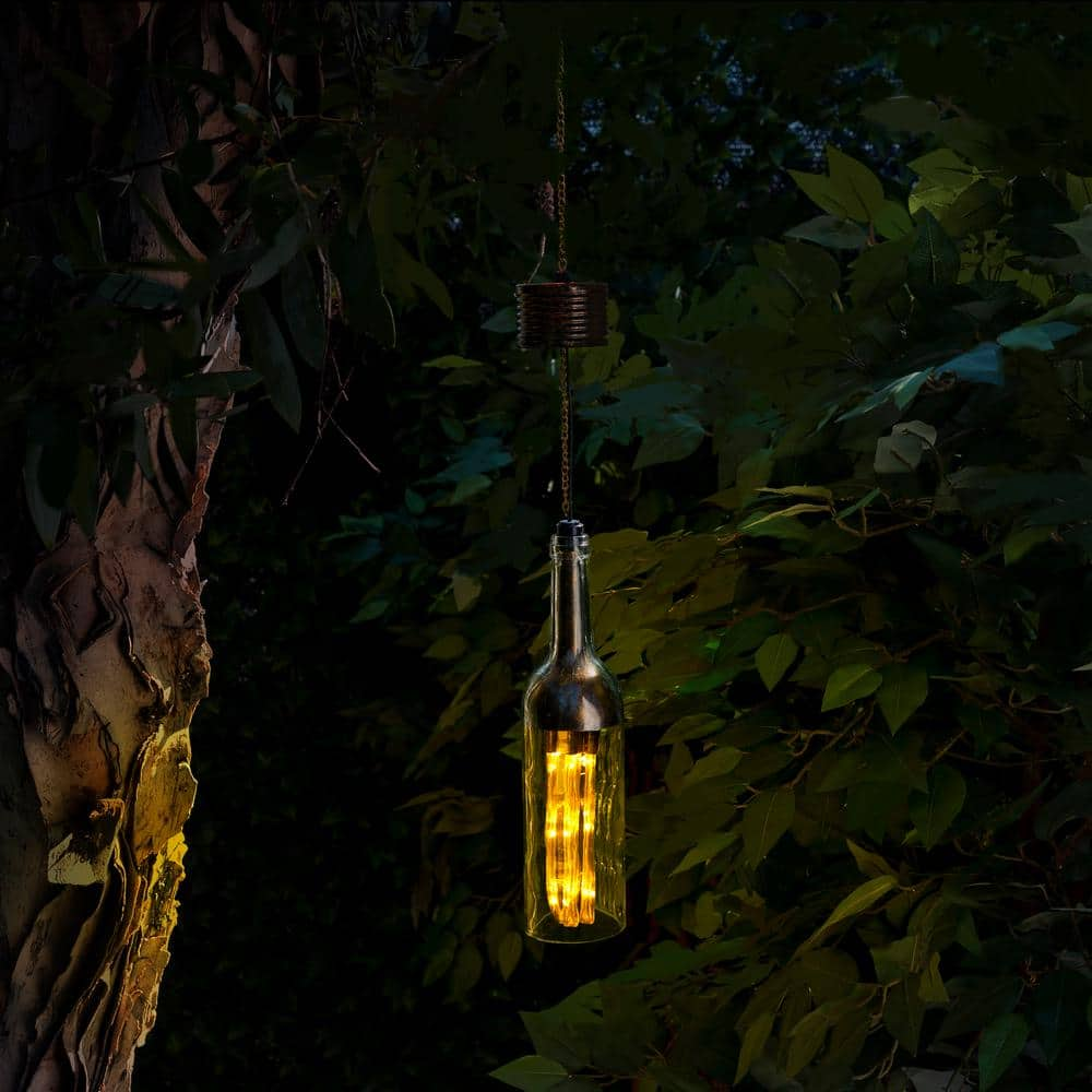 Alpine Corporation Outdoor Hanging Solar Powered Metal and Glass Bottle Lantern with LED Light, Bronze QTT426SLR-BZ