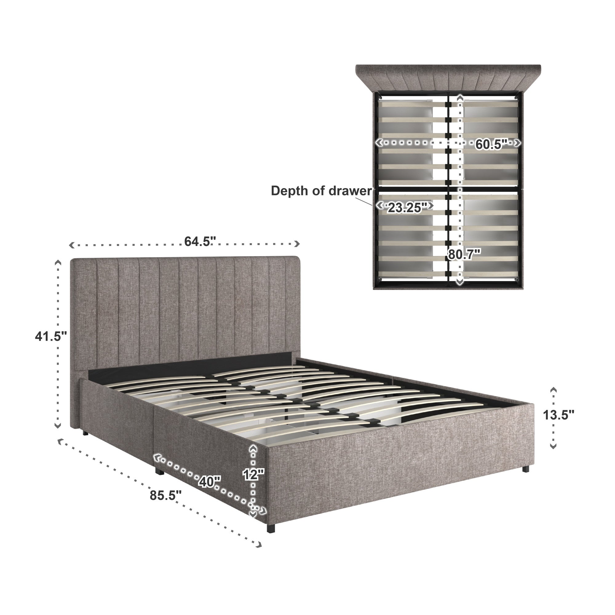 Weston Home Gaylen Channel Upholstered Linen Storage Platform Bed, Queen, Grey