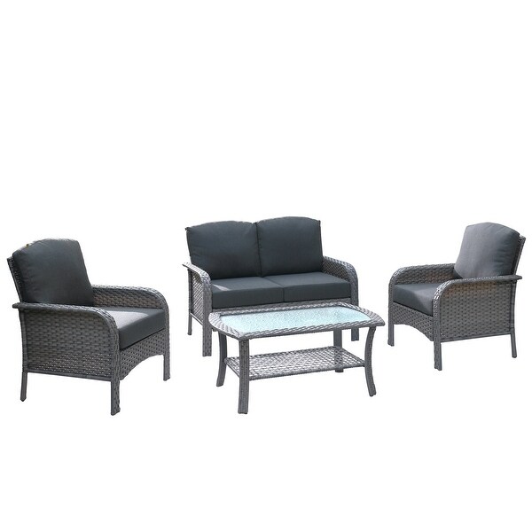 HOOOWOOO Outdoor 4piece Wicker Conversation Sofa Set with Glass Coffee Table