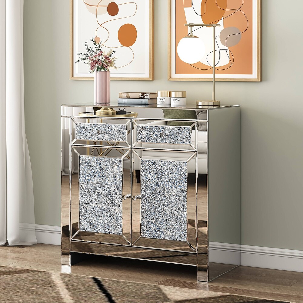 2 Door Mirrored Accent Cabinet Sideboard with Crushed Diamond