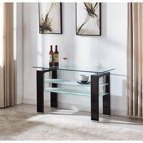 Tempered Glass Top Rectangular Double-Layer Console Table with MDF Legs， For Living Room， Foyer Console Table