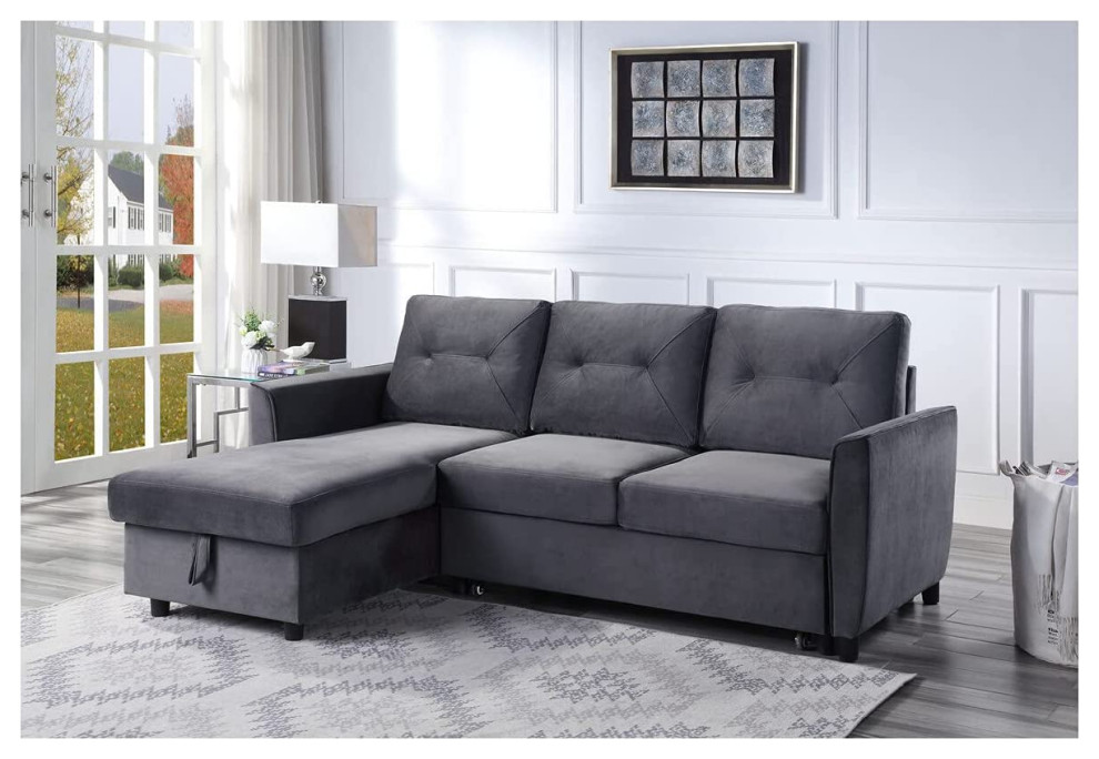 Sectional Sleeper Sofa  Grey Velvet Seat With Slightly Tufted Back Cushions   Transitional   Sleeper Sofas   by Decor Love  Houzz