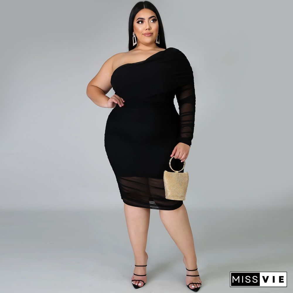 Plus Size Mesh Solid Single Sleeve Bodycon Dress