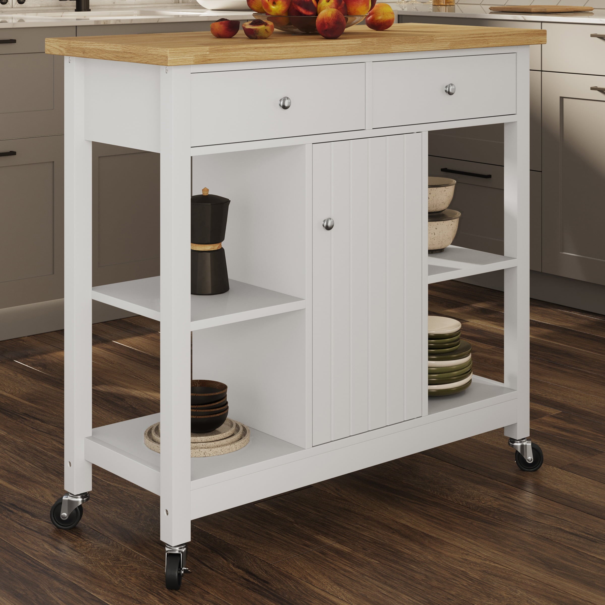 Lavish Home Kitchen Island Rolling Cart with Drawers and Casters， White