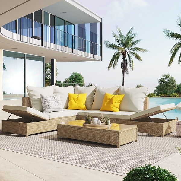 Patio 3Piece Rattan Sofa Set PE Wicker Sectional Set with Adjustable Chaise Lounge Frame and Tempered Glass Table