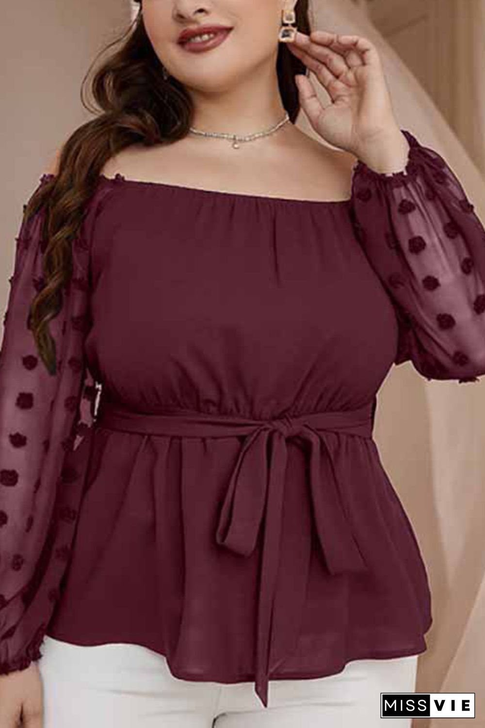 Off Shoulder Waistband Spot Texture Long Sleeves Plus Size Top