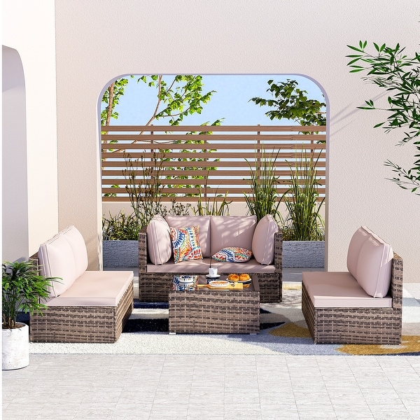 7Piece Outdoor Patio Rattan Furniture Sets with 1 Table，2 Corner Sofas，4 Armless Sofas and Cushions