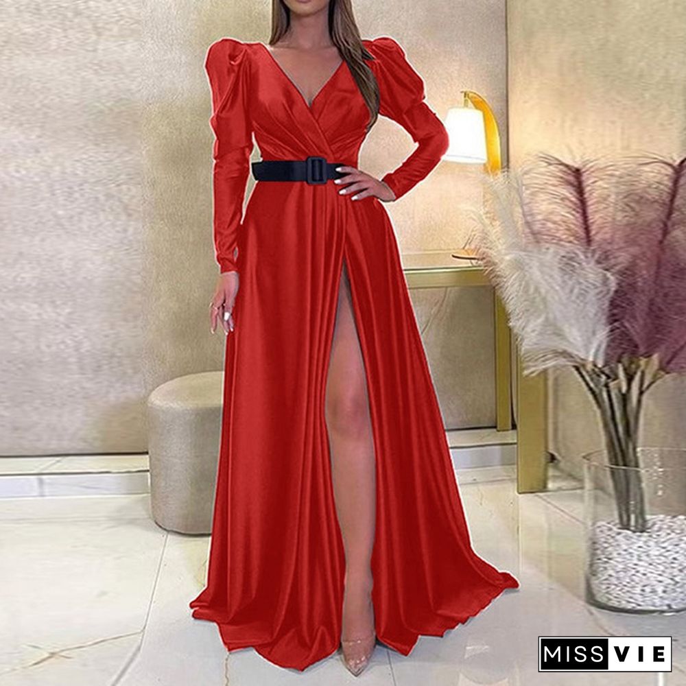 Womens V-Neck Cocktail Prom Sexy Kaftan Evening Split Silky Satin Maxi Dress Party Plus Size