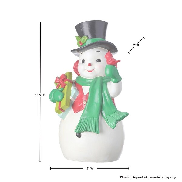 13.5 Resin Snowman Holding Gifts and Cardinal