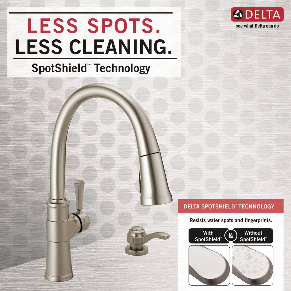 Delta Spargo Single-Handle Pull-Down Sprayer Kitchen Faucet with Shield Spray and Soap Dispenser in Spot Shield Stainless 19964Z-SPSD-DST