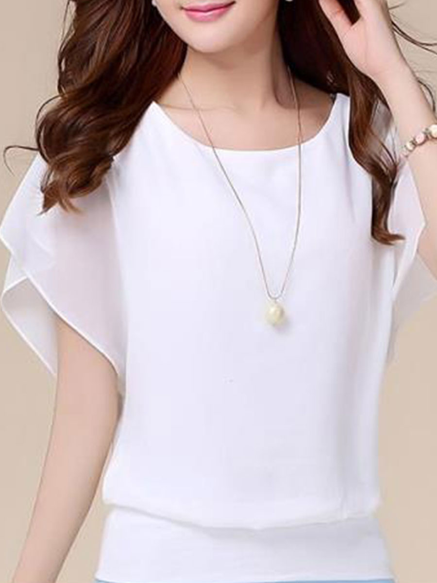 Spring Summer  Blend  Women  Crew Neck  Plain  Short Sleeve Blouses