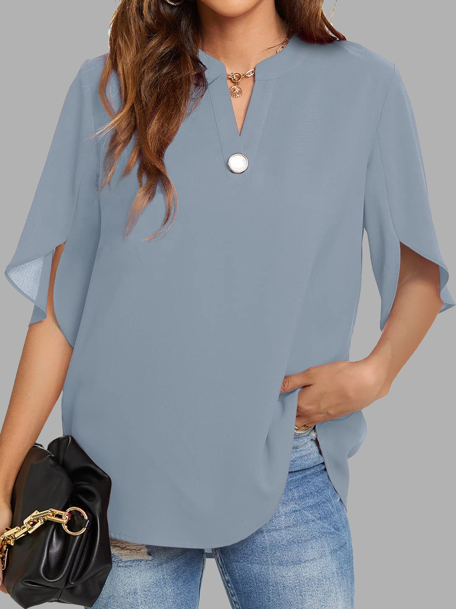 Casual Solid Color Button V-Neck Short Sleeve Blouse