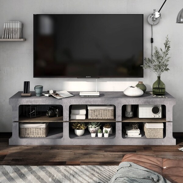 DH BASIC Cement Grey Urban 71-inch 6-shelf TV Stand with Cable Organization by Denhour