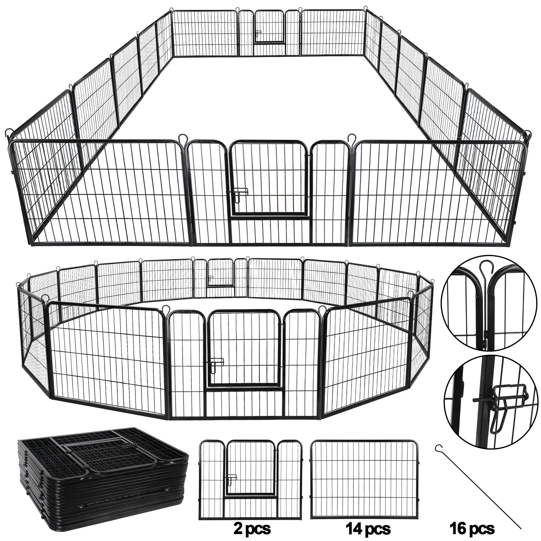 HomGarden 16 Panels 24'' Height Large Dog Playpen， Portable Puppy Exercise Pen Indoor Outdoor Dog Fence W/ Doors